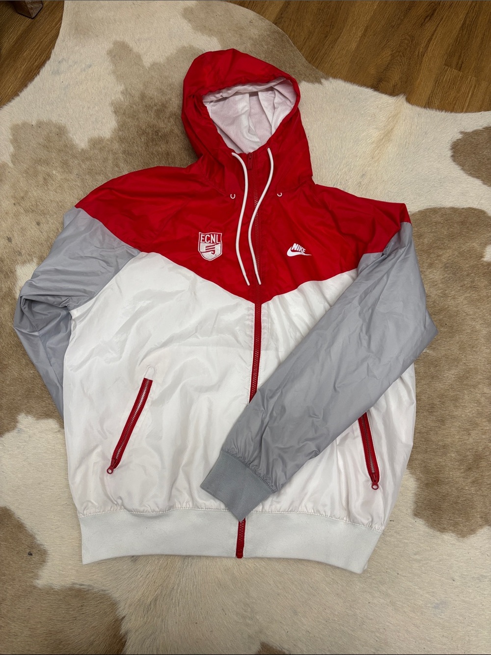 Nike Red/White/Gray Colorblock Hooded Varsity Jacket